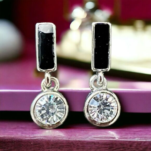 Silver, Black & Crystal Drop Earrings‎ - Picture 1 of 3